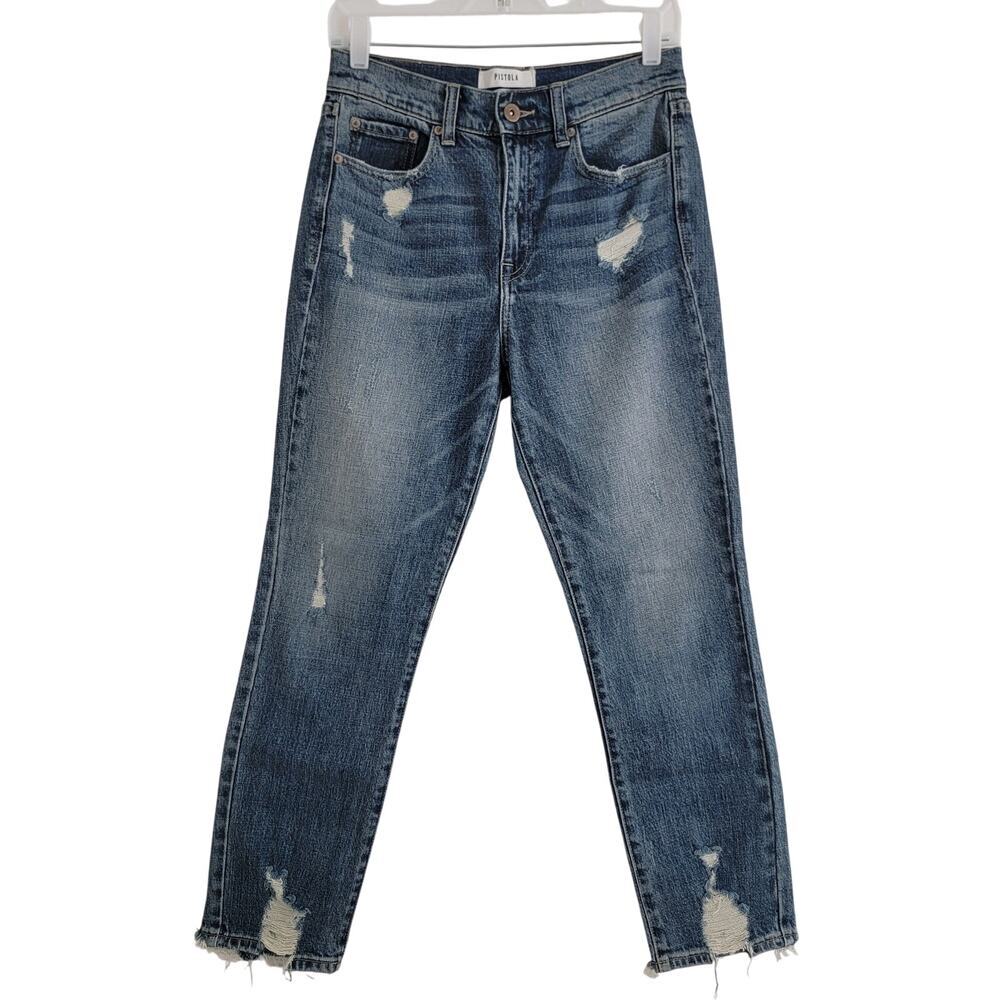 Pistola Medium Dark Wash High Rise Stright Leg Distressed Jean Size 27